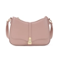 Detail view of pink PU leather crossbody bag featuring gold buckle and adjustable strap - Pink