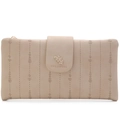Close-up of beige leaf-patterned long purse with a gold metal leaf buckle and brand logo - Apricot