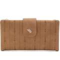 Brown long PU leather wallet for women with leaf embroidery and snap button closure - Brown