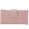 Morandi pink PU leather long wallet for women with leaf metal decor and vertical stitching - Pink
