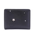 Close-up of black PU leather wallet featuring floral embroidery and white metal flower detail - Black