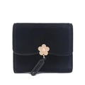 Close-up of black matte leather wallet with golden flower clasp and logo pendant - Black