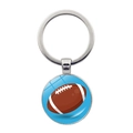 Detail of silver metal keychain with a blue football pendant and rugby ball design - Rugby Ball Bright Blue Background Style (JY008842-5)