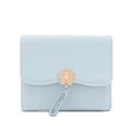 Detail of light blue tri-fold wallet with gold flower buckle and leather texture - Sky Blue