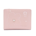 Detail of pink PU leather wallet featuring floral embroidery and small white flower clasp - Pink