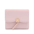 Short tri-fold leather wallet for women with flower pendant in light lotus pink - Pink