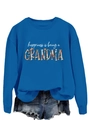 Detail of royal blue sweatshirt featuring floral Grandma text print and denim shorts - S / Lake Blue Sweatshirt (White Pattern)