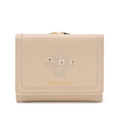 Beige trifold short wallet with daisy embroidery and metal clasp closure for women - Apricot