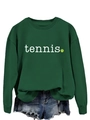 Close-up of tennis print and soft forest green fabric texture on long sleeve sweatshirt - S / Dark Green (White Print)