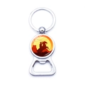 Macro detail of sunset cowboy silhouette keychain and silver metal beer bottle opener - Sunset Cowboy Riding Horse Style (JY008917-7)