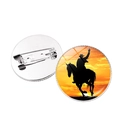 Sunset cowboy silhouette brooch pins featuring two circular badges and metal pin back - Silver