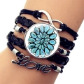 Bracciale multistrato in pelle nera con ciondolo Love argento e segno infinito - Stile Motivo Floreale (JY008934-5)