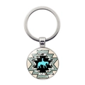 Detail eines Western-Cowboy-Schlüsselanhängers mit türkisfarbenen Reitermotiven - Silber Cyan Reitsport-Silhouette