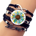 Multilayer leather bracelet with silver infinity charm and sunflower glass pendant on wrist - Sunflower Style (JY008934-1)