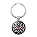 Detailed view of silver dartboard keychain with red target center and glass dome finish - Silver-Black White Checkered Red Center
