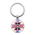 Silver Western Cowboy Keychain with colorful tribal geometric pattern pendant and ring - Silver Colorful Geometric Tribal