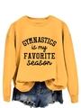 Detail of yellow gymnastics slogan sweatshirt with stylish denim shorts outfit set - Yellow Sweatshirt (Black Font)