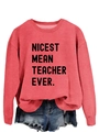 Detail of red crewneck sweatshirt featuring Nicest Mean Teacher Ever print with denim shorts - S / Red (Black Font)
