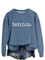 Detail of navy blue tennis graphic sweatshirt with vibrant yellow tennis ball print - S / Blue (White Print)