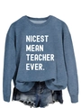 Detail of the white slogan printed on fog blue sweatshirt paired with denim shorts - S / Blue (White Font)
