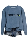 Detail of greyish blue tennis sweatshirt with navy distressed denim shorts outfit set - S / Blue (Black Print)