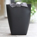 Elegant black paper gift bag with grey satin bow on a premium wood background - Black Blank / 8x5.5x16.5cm