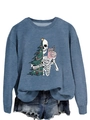 Detail of Sorta Merry Sorta Scary print on a blue long sleeve crewneck sweatshirt - S / Blue