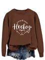 Detail of hockey mom graphic print on brown long sleeve sweatshirt with white heart icons - S / Coffee (White Font)