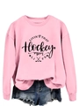 Detail of pink crewneck sweatshirt with 'Hockey Mom' print and heart graphics - S / Pink (Black Text)