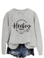 Detail of hockey mom life graphic print on grey crewneck sweatshirt with heart and sticks - S / Grey (Black Font)