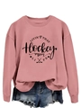 Detail of pink long sleeve sweatshirt with black Hockey Mom Life graphic and denim shorts - S / Rose Gold (Black Font)