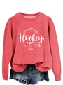 Detail of hockey mom life graphic on brick red crewneck sweatshirt with distressed shorts - S / Red (White Font)