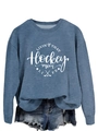 Detailed view of the white hockey mom printed typography on a grey-blue crewneck sweatshirt - S / Blue (White Font)