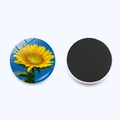 Detail of 25mm round glass sunflower fridge magnet showing front floral pattern and magnetic back - Sunflower Pattern 7 (JY008956-7)