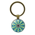 Bronze keychain with blue and green geometric dartboard pattern under glass dome - Bronze-Blue Green Radial