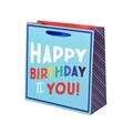 Blue Happy Birthday paper gift bag with colorful lettering and blue ribbon handles - 20x20x8cm / Blue Happy Birthday
