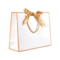 Elegant white paper gift bag with champagne gold borders and a satin ribbon bow - 28x10x23cm / Gold Trim Small