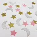 Macro detail of glitter star and moon confetti in gold, silver, and pink cardstock - Mixed Gold Silver Pink Style