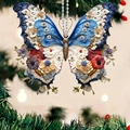 Colorful butterfly acrylic ornament with red and blue floral patterns on a silver chain - Red Blue White Floral Festive Butterfly (24)