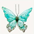 Vibrant teal butterfly pendant with gradient wings and a silver bead chain necklace - Lake Green Cyan Gradient Butterfly (29)