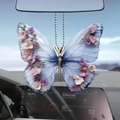 Acrylic butterfly car pendant with blue wings and pink dried flowers on silver bead chain - Light Blue Purple Floral Butterfly (32)