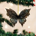 Dark translucent butterfly hanging ornament with gold glitter accents on a Christmas tree - Deep Gray Lace Retro Butterfly (34)