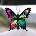 Colorful acrylic butterfly car charm with faith cross design and silver ball chain - Vivid Faith Cross Butterfly (49)