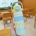 Beige and blue portable insulated water bottle with pineapple pattern and carry handle - Bol-86131 Yellow