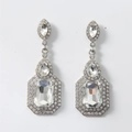 Elegant silver pendant earrings with multilayered rectangular and pear-shaped crystals - White