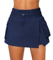 Close-up of navy blue athletic cargo skort with elastic drawstring waist and pockets - S / Bottoms / Navy Blue