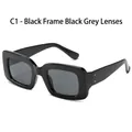 Retro rectangular sunglasses with black glossy frame and dark grey lenses for women - Black Frame Black Grey Lens (C1)