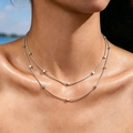 Double-layer silver stainless steel necklace with small cubic beads worn on neck - Steel Color Layered Cube Bead Chain