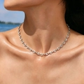 Silver PVD plated stainless steel pig nose chain necklace worn by model outdoors - Steel Color Single Coffee Bean Link Necklace