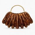 Detail of wave-shaped acrylic evening bag with tortoise shell pattern and gold metal handle - Coffee